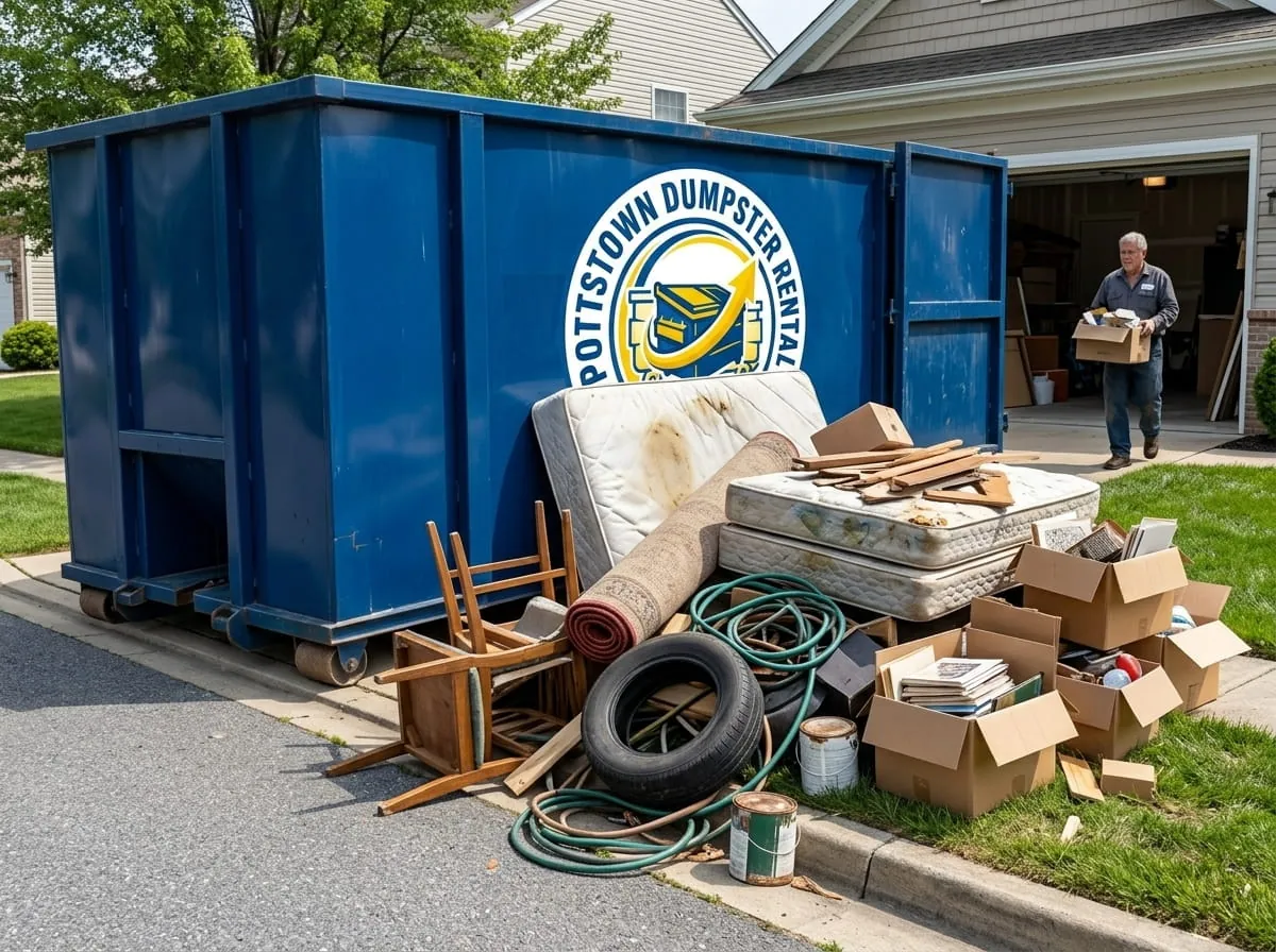 Worker beside a commercial roll-off dumpster from Pottstown Dumpster Rental Group in Pottstown, PA