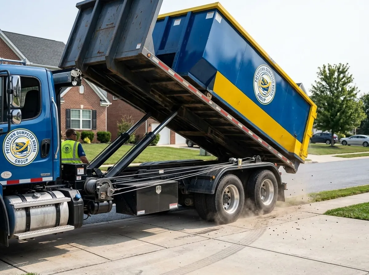 Same-day dumpster delivery in Pottstown, PA Pottstown Dumpster Rental Group truck delivering a roll-off dumpster to a Pottstown PA driveway